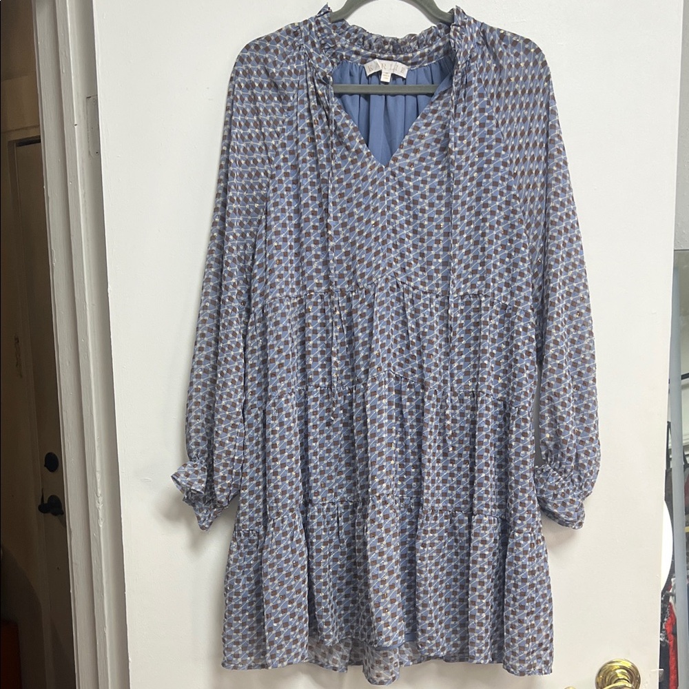 Karlie Light Blue Brown Patterned Long Sleeve Flowy Relaxed Tiered Dress Medium